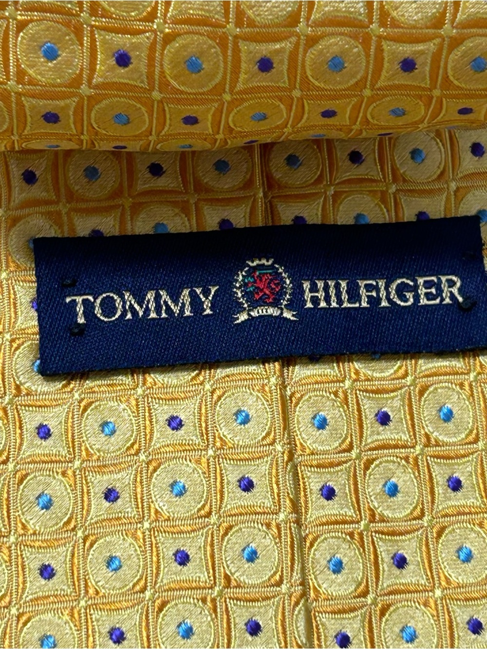 Tommy Hilfiger Yellow Gold Ruby Textured Dotted Silk Tie Embroidered Extra Long